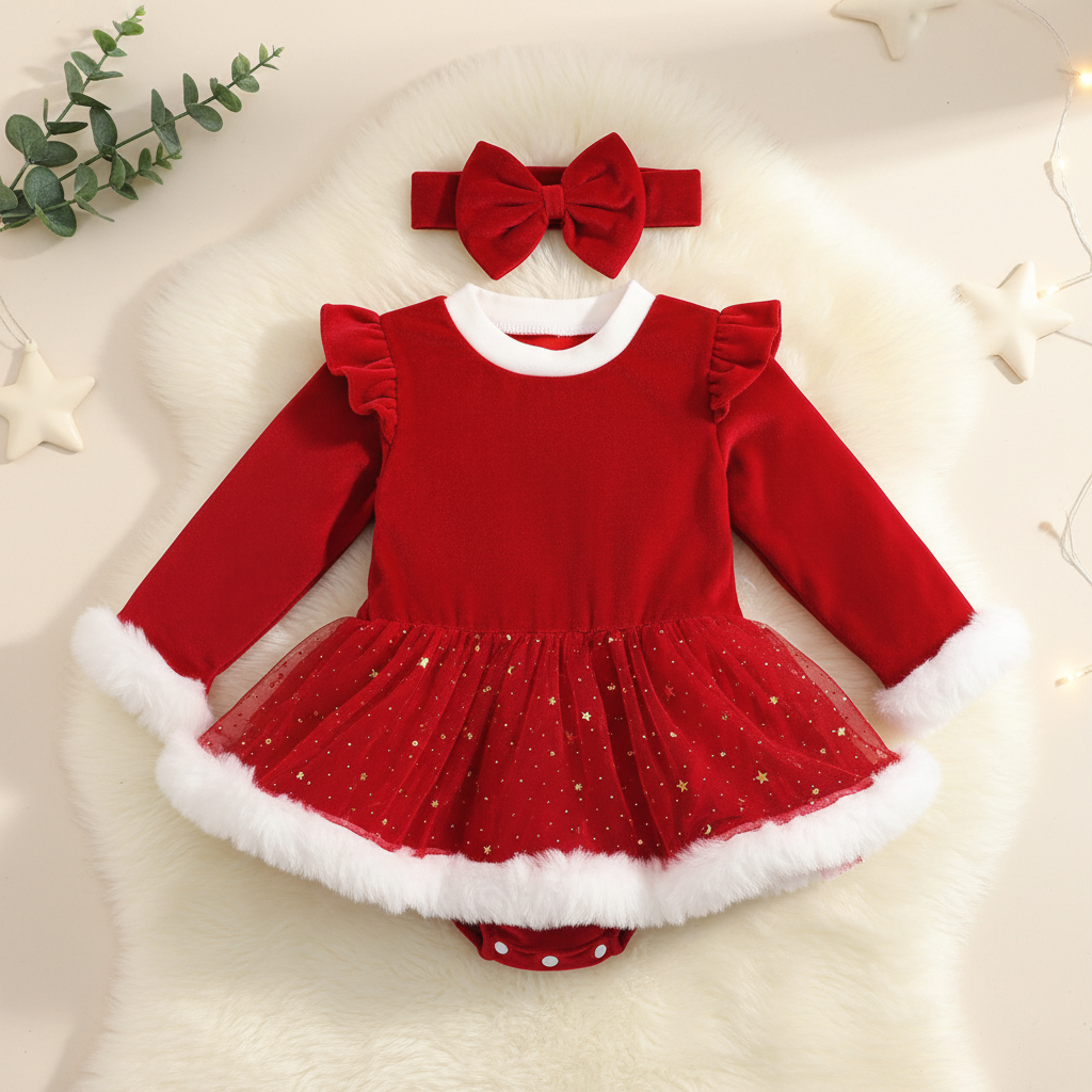 Baby Girl Christmas Romper Set – Sequin Skirt & Headband