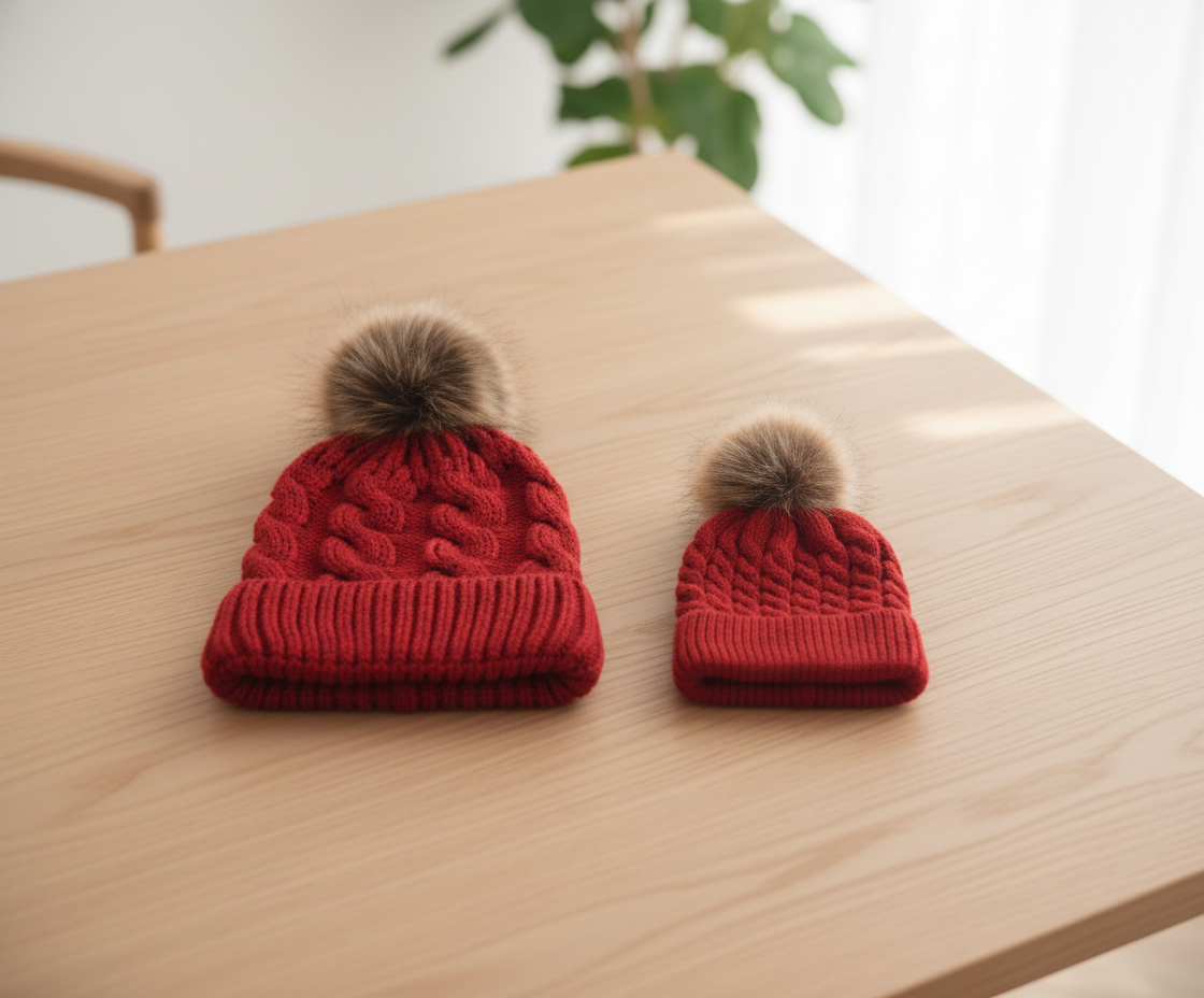 Cozy Knit Pom Beanie for Mama and Little