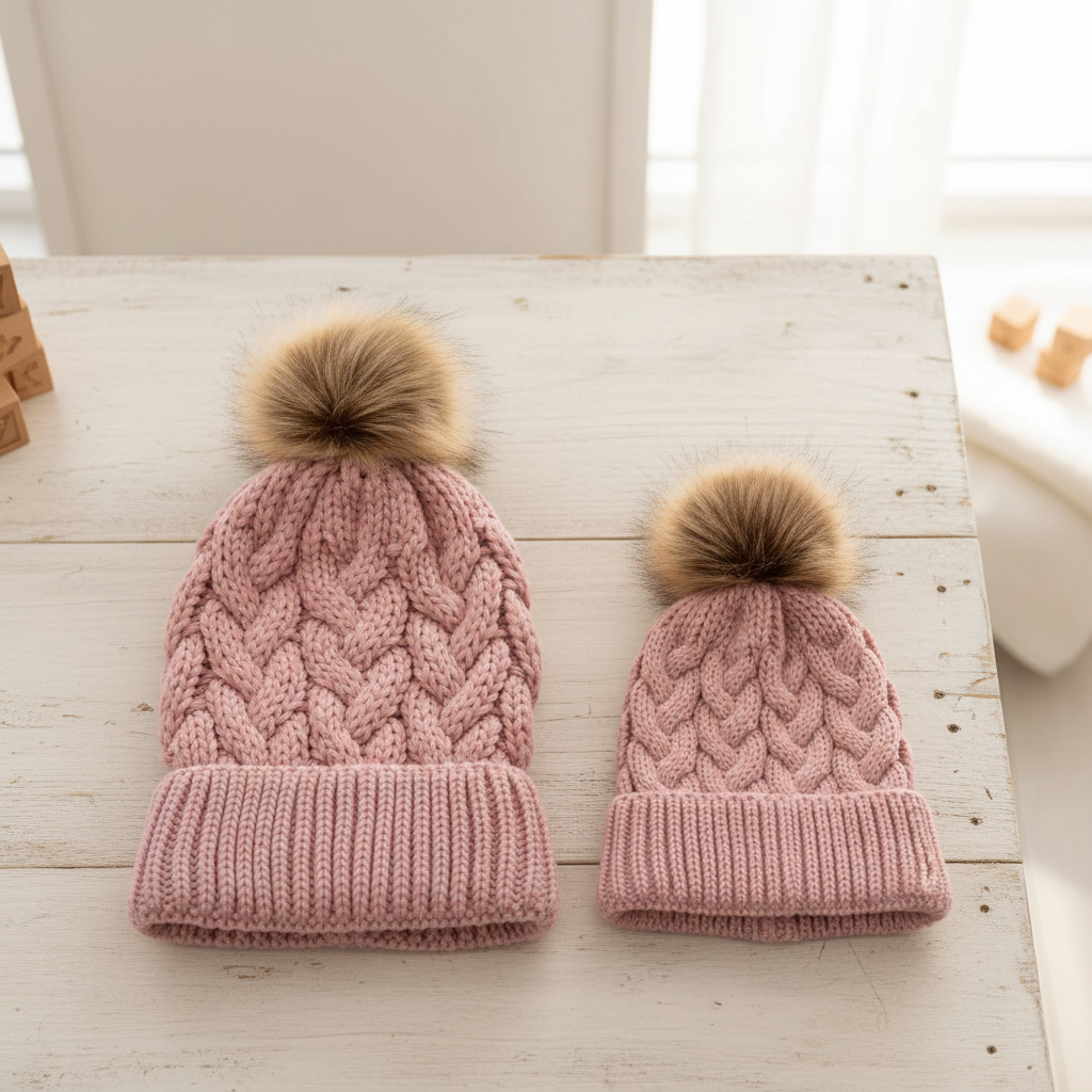 Cozy Knit Pom Beanie for Mama and Little
