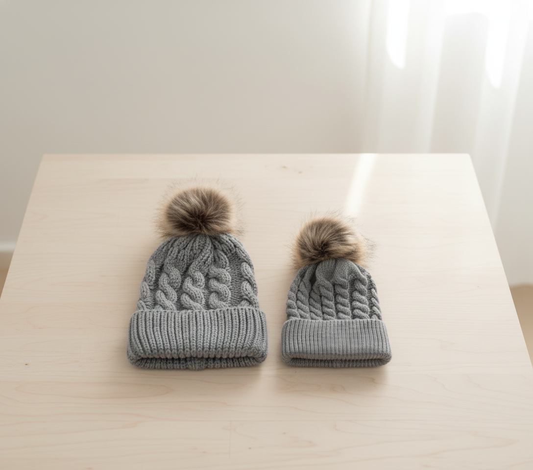 Cozy Knit Pom Beanie for Mama and Little