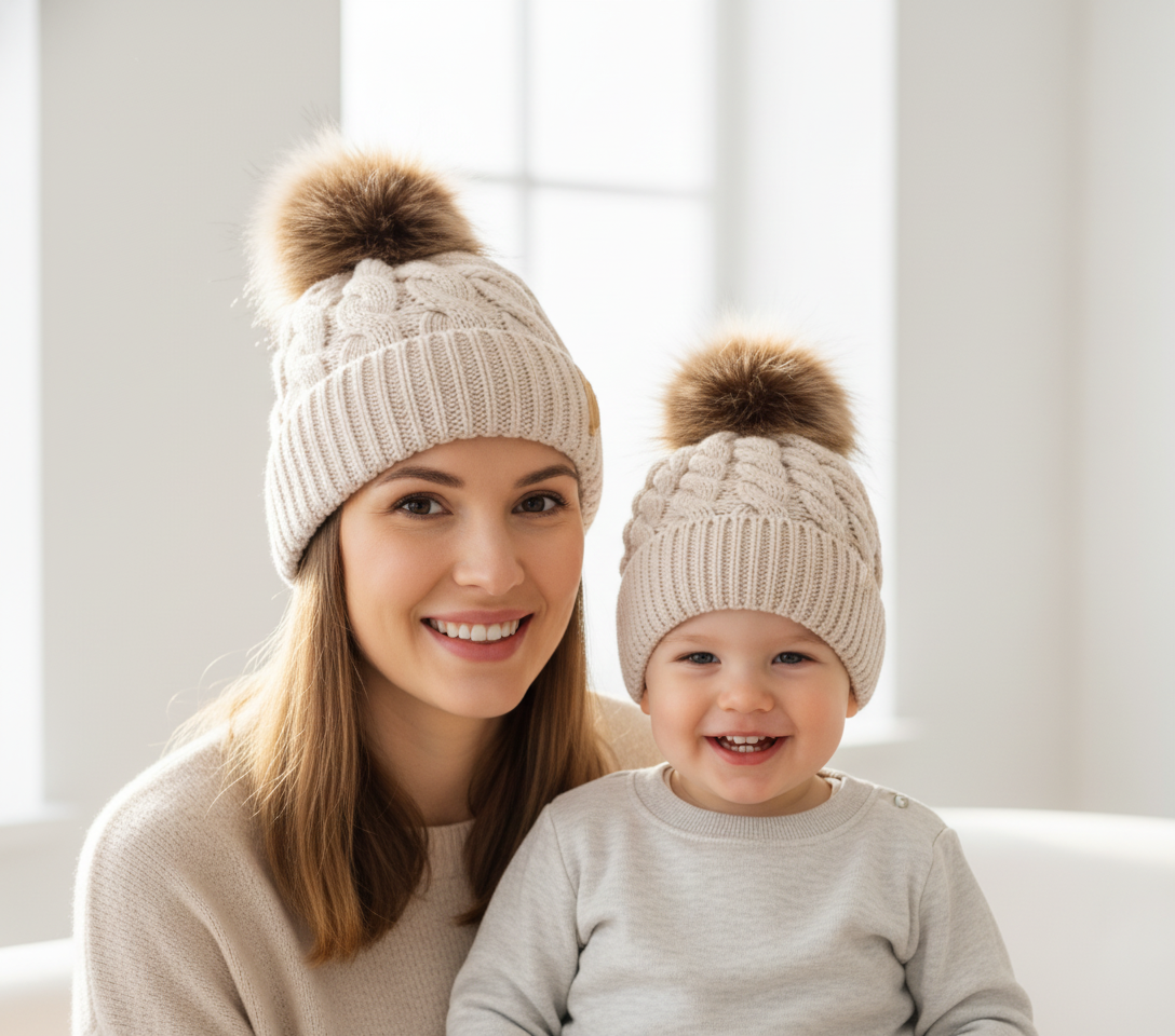 Cozy Knit Pom Beanie for Mama and Little